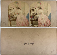 Woman and her jewelry box, vintage albumen print, ca.1880, stereo wine print