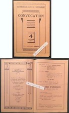 ● Automobile Club de Bourgogne Dijon 1934 convocation AG + Menu Programme Daimé