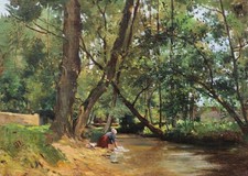 Tableau paysage lavandière