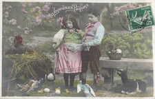 CP EASTER LITTLE GIRL BOY GIVE GRAIN CHICKS CHICKEN GOAT - 36376