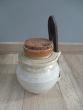 VINTAGE 70 EXOTIC WOODEN CLAMP STONEWARE OLIVE PICKLE POT """