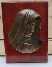 Icone Religieuse signée Escudezo Selp Vierge Marie en bronze sur plaque en bois 