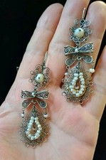 Oaxacan Pearl & Sterling Silver Filigree Bow Frida Kahlo Style Dangle Earrings