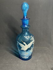 Antique White Ibis and Legras Flowers Enamelled Glass Carafe Bottle, Decanter