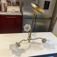 Lustre Ancien style Art Nouveau Bronze 3 Branches, Tulipes Opaline, Plafonnier.