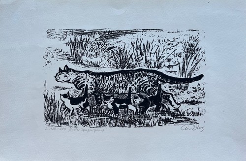 Lithographie chat avec jeunes - lithographie,