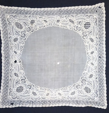 ANTIQUE LINEN BRIDAL HANDKERCHIEF EMBROIDERED ON LINEN 19TH CENTURY 49x 49 CM