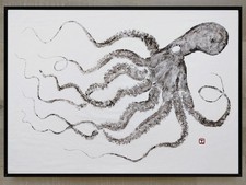 Gyotaku original de poulpe sur tissu, œuvre originale signée et encadrée