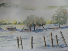Aquarelle originale signée Paysage "Premières neiges d'automne"