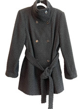 Calvin Klein Women's Black Basket Weave Wool Blend Belted Coat Jacket  XL NWOT