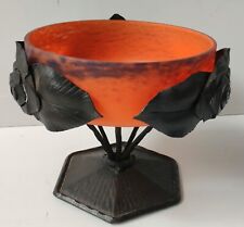 ORANGE AND BLUE GLASS DOUGH CUT 1900S ERA WROUGHT IRON FOLIAGE MOUNTING