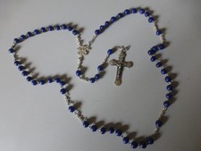 Ancien Chapelet tout argent Coeur Croix chaine et  perles en lapis lazuli