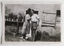 Cute couple tender flower pots, cross - old photo snaphsot c. 1950