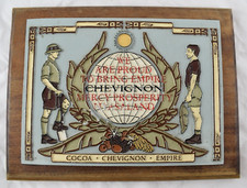 OLD METAL ADVERTISING PLATE COCOA CHEVIGNON EMPIRE ON WOODEN BOARD