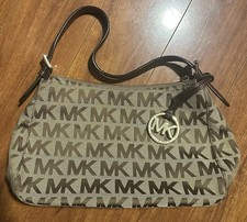 Michael Kors Monogram Shoulder Bag Brown Logo Canvas Trim 7” Tall X 10” Wide