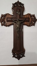 Beau Crucifix Ancien en Bronze  Panneau de Bois