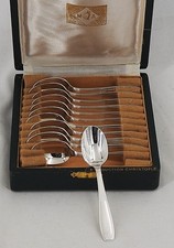 Alfénide, Christofle Cirta 12 cuillères à moka, café 10 cm, Luc Lanel, Art Déco.