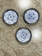 RARE Villeroy & Boch Dresden 3 Blue Fluted Porcelain & Metal Round Coasters
