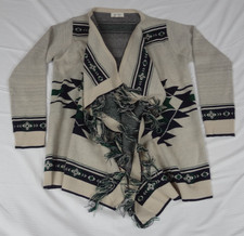 Bo Bel Beige with Dark Green and Fringe Cardigan Sweeter WOMENS MEDIUM K897