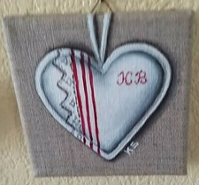 TABLEAU 10 X 10 COEUR BLANC RAYURES ROUGES