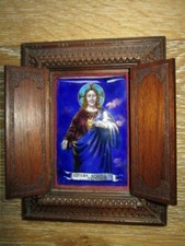 XIX EMAIL SUR CUIVRE CHRIST CADRE A VOLET BOIS SCULPTE ENAMELED RELIGION