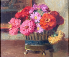 Tableau, ancien belle époque  bouquet de fleurs jardinière porcelaine  19ème hst