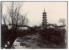 China, Shanghai, Pagoda of the Longhua Temple  Vintage citrate print. 上海市   龙华寺 