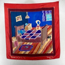 Silk Scarf Chambre De Jeune Fille French Girls Bedroom Art Square Red 30" Vtg