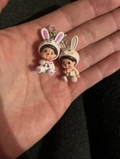 Monchichi Rabbit Pink White Mini Figure Keychains 2x