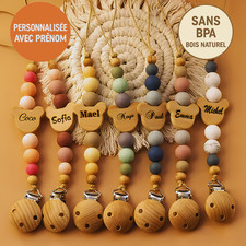 Attache tétine-Attache tétine personnalisée-Porte-sucette bois & perles silicone