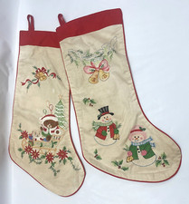 2 Vintage Embroidery Broderie Christmas Stocking Snowmen Bear Poinsettias Holly