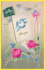Old postcard fantasy embossed silky roses myosotis ribbon turtledoves open booklet