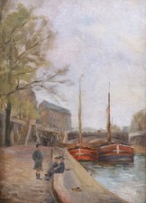 Framed painting oil landscape view PARIS schoolchildren docks Seine children barges