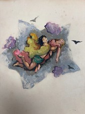 Elie GREKOFF (1914-1985) Gouache et Encre - Zéphyr emporte Psyché endormie...