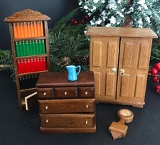 DOLLHOUSE WOOD FURNITURE 1:12 VTG MINIATURES- BOOKCASE, ARMOIRE, DRESSER & CLOCK