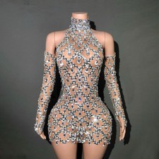 Robe à carreaux sexy en maille transparente sans manches à col haut strass brill