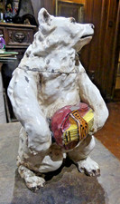 GRAND POT A TABAC en terre cuite vernissée  " OURS BLANC MUSICIEN