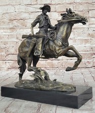 Western Old West Cowboy on Horse Bronze Sculpture Marble Base Figurine Hot Cast