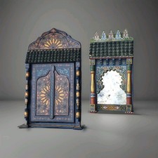 Miroir Marocain Ancien En Bois Sculpté Deux Portières  Avec Décor Riad