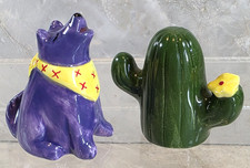 Vtg Clay Art Mini Purple Coyote & Cactus Ceramic Salt & Pepper Shakers Yellow