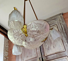 Art Deco Three Tulip Pressed Glass Basin Chandelier DEGUE 4 Light Bronze Frame