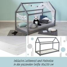 Lit D'Enfant 90x200 cm Matelas Simple Cabane Maison Gris en Bois Homestyle4u 