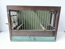 Vintage wooden bird cage heavy glass feeders canary