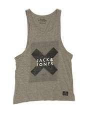JACK & JONES Mens Graphic Vest Top Medium Grey Cotton PB03