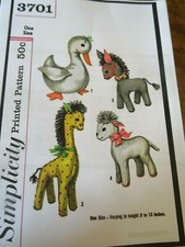 3701 PATRON VINTAGE SIMPLICITY ANNEE 1960 PELUCHE DOUDOU ANE OIE AGNEAU GIRAFE