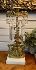 Antique Victorian Girandole Brass Candelabra with Crystals Marble Base
