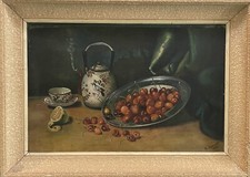 Tableau peinture ancienne nature morte aux cerises 1928