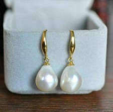 Genuine South Sea AAA 10-13mm  White Baroque Pearl Earrings 14k Yellow Gold