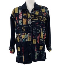 Yak Magic Vintage Black Multicolor Patchwork Vibrant Button Down Shirt Size M