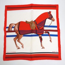 HERMES Carre 40 Scarf CHEVAL A LA COUVERTURE With Horse Blanket Red x White Silk
